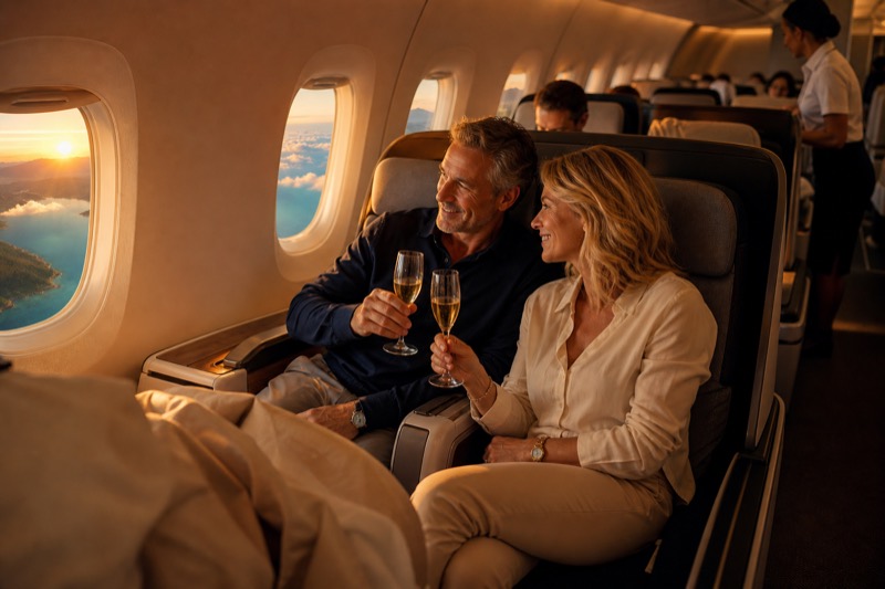 Paar reist entspannt in der Business Class in den Urlaub